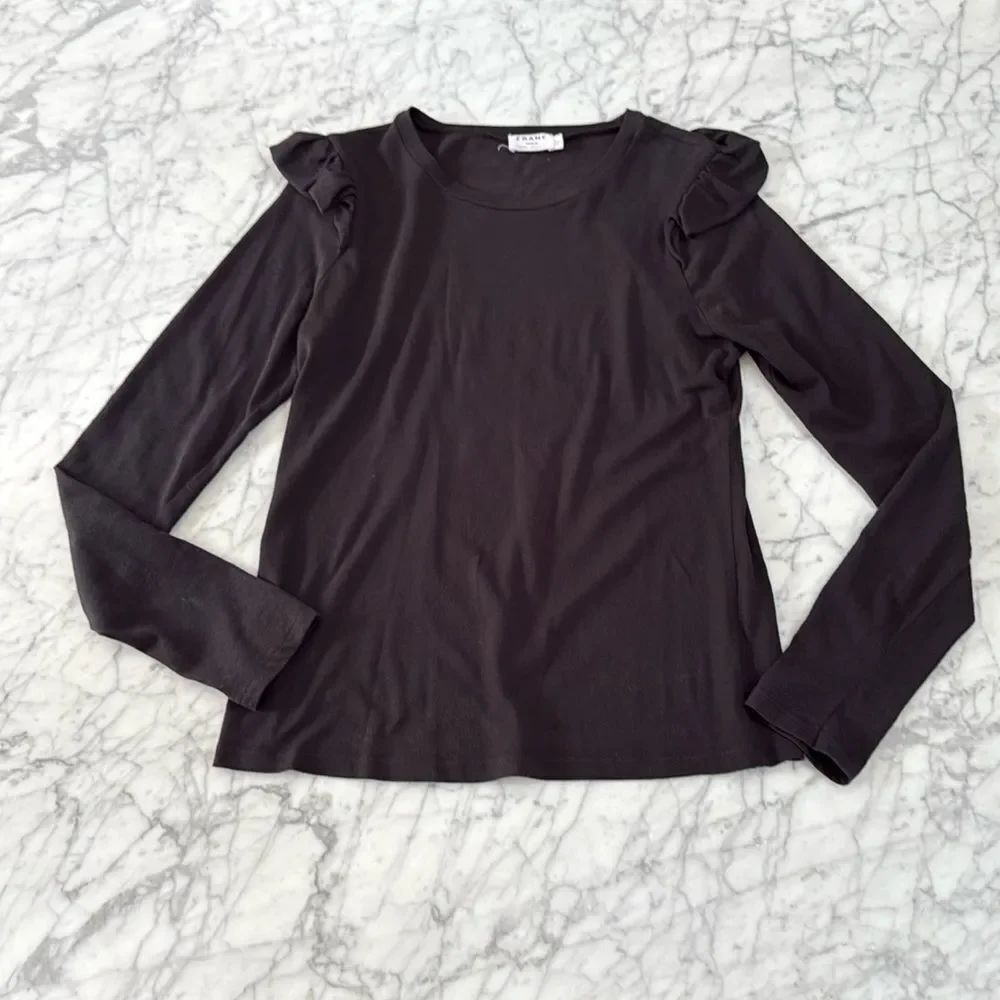 FRAME Ruffle Crew Long Sleeve Tee Black Size Medium